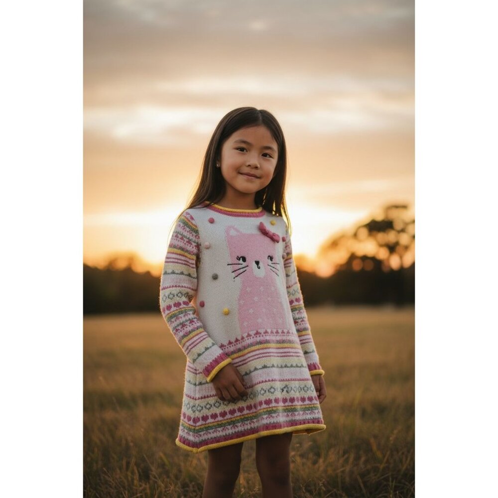 Cynthia Rowley Girls Knit Sweater Dress Pink Cat Graphic Multicolor Long Sleeve